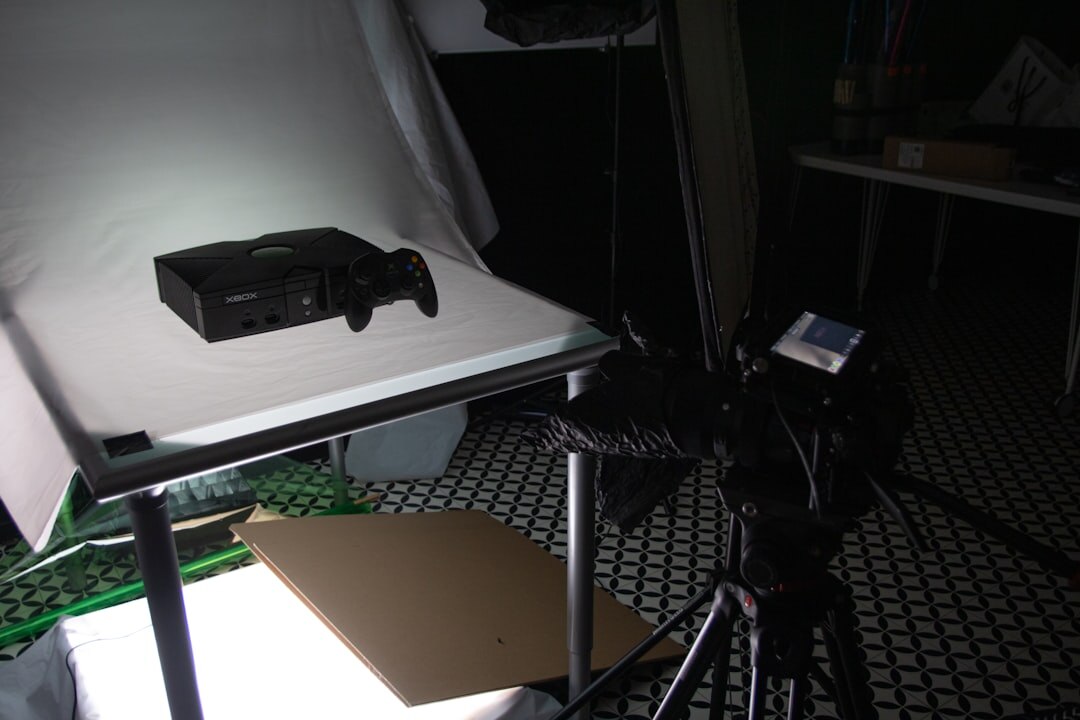 Studio lighting rig with softboxes above television set