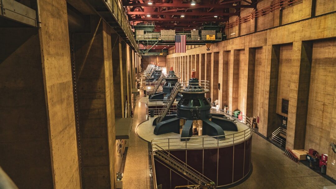 Wide view of a fully built television news studio set